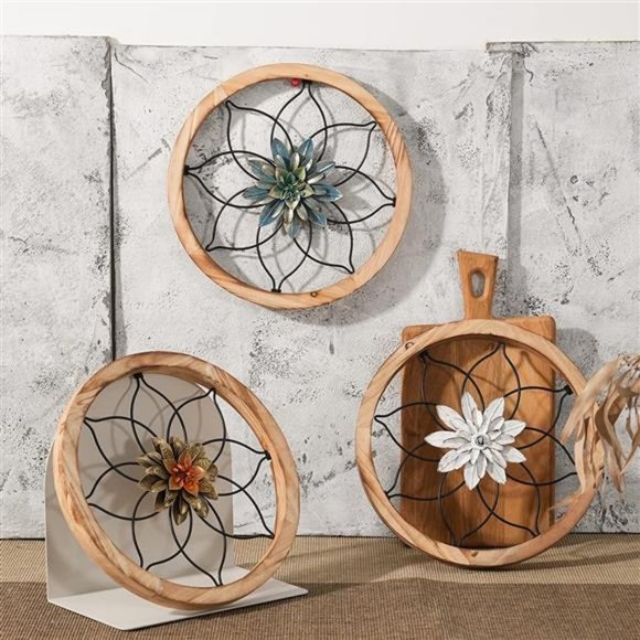 Halomoon Farmhouse Wall Decor 3 Pcs Rustic Wood Round with Metal Flower (Brown)